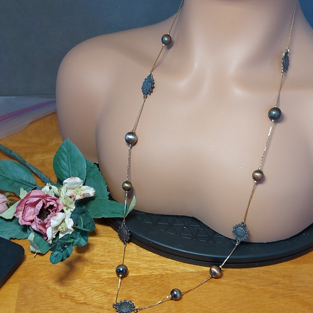 Avon Goldtone Bead And Sun Long Necklace 34" Celestial